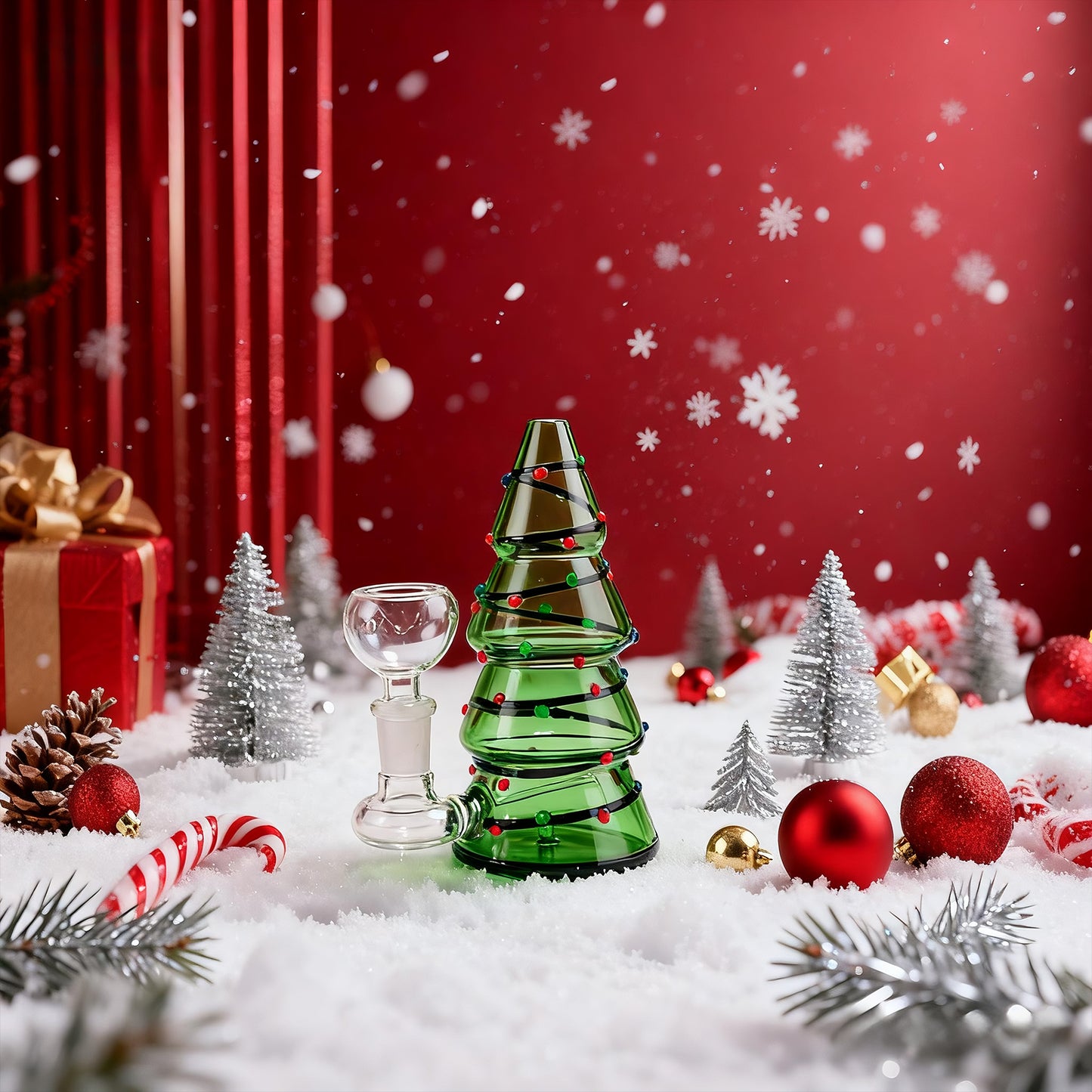 WANNTO Mini Christmas Tree Bong - Borosilicate Glass Decorative Piece 11cm Height 5cm Diameter Bowl 10mm Handmade with Plastic Storage Box