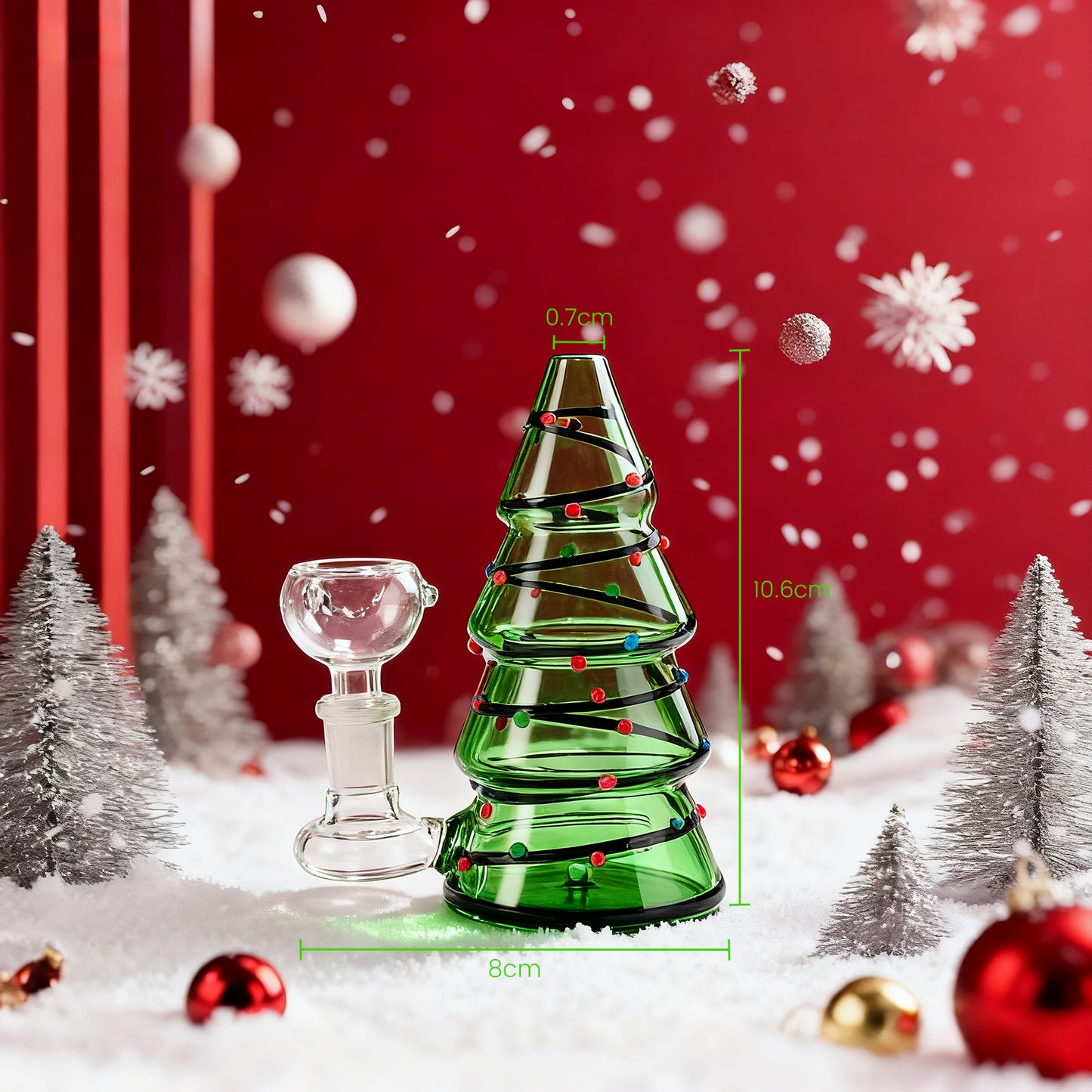 WANNTO Mini Christmas Tree Bong - Borosilicate Glass Decorative Piece 11cm Height 5cm Diameter Bowl 10mm Handmade with Plastic Storage Box