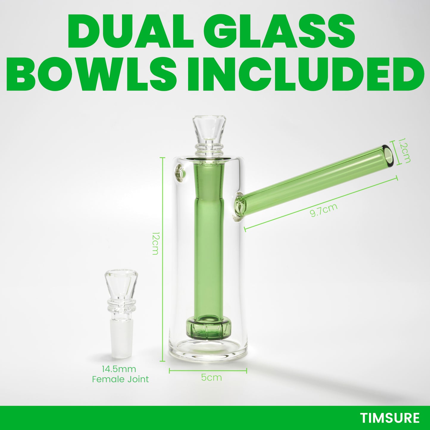 WANNTO Glass Bong 13.5 cm, Dual-Tone Borosilicate, 14 cm Wide, 9.5 cm Mouthpiece, 2×14.5 mm Bowls, Green Stem, Clear Chamber, Secure Packaging