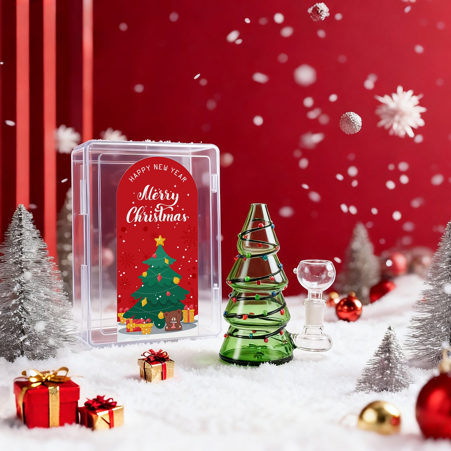 WANNTO Mini Christmas Tree Bong - Borosilicate Glass Decorative Piece 11cm Height 5cm Diameter Bowl 10mm Handmade with Plastic Storage Box