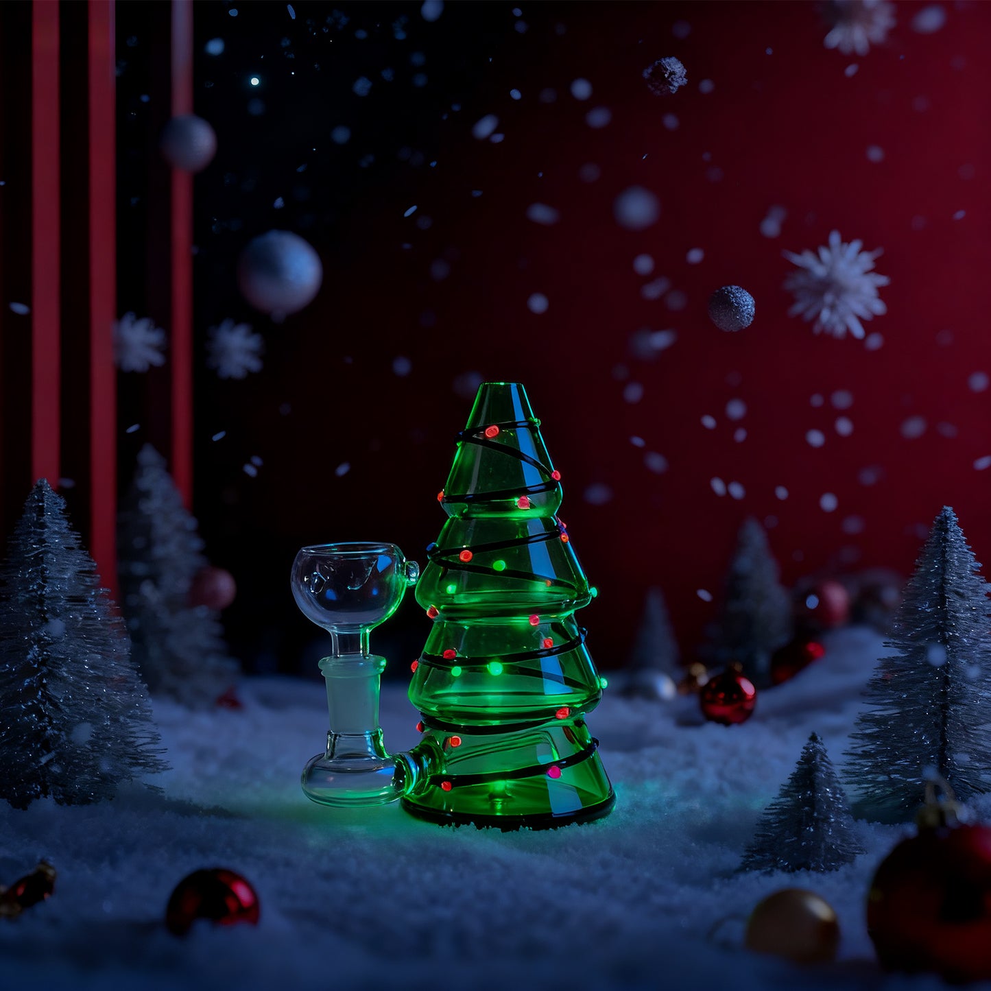 WANNTO Mini Christmas Tree Bong - Borosilicate Glass Decorative Piece 11cm Height 5cm Diameter Bowl 10mm Handmade with Plastic Storage Box