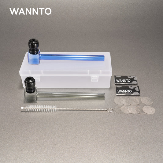 WANNTO 2-Pack Glass Metal Smoking Pipes | 13.5cm Heat-Resistant Hand Pipes with Detachable Metal Bowl | 10 Filters, Cleaning Brush & Storage Box - Blue & Black