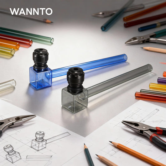 WANNTO 2-Pack Glass Metal Smoking Pipes | 13.5cm Heat-Resistant Hand Pipes with Detachable Metal Bowl | 10 Filters, Cleaning Brush & Storage Box - Blue & Black
