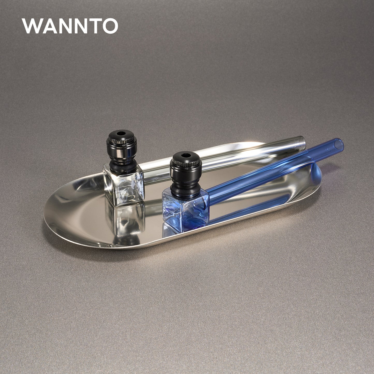 WANNTO 2-Pack Glass Metal Smoking Pipes | 13.5cm Heat-Resistant Hand Pipes with Detachable Metal Bowl | 10 Filters, Cleaning Brush & Storage Box - Blue & Black
