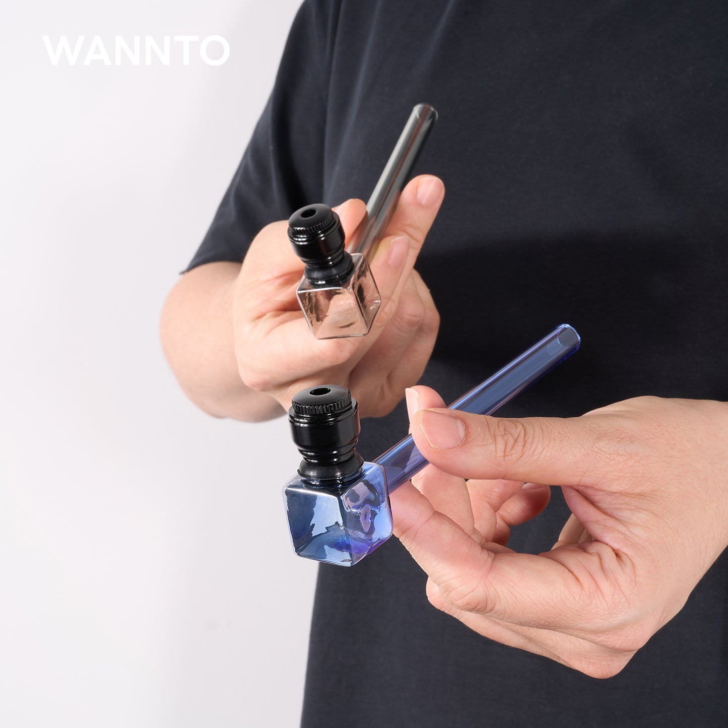 WANNTO 2-Pack Glass Metal Smoking Pipes | 13.5cm Heat-Resistant Hand Pipes with Detachable Metal Bowl | 10 Filters, Cleaning Brush & Storage Box - Blue & Black