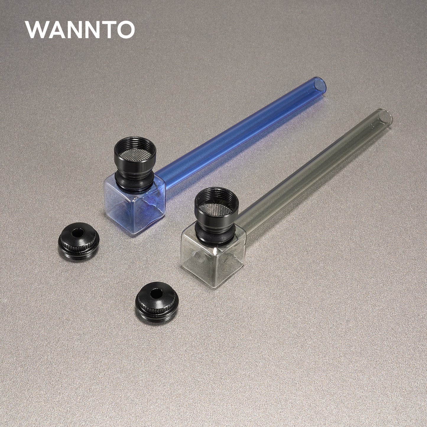 WANNTO 2-Pack Glass Metal Smoking Pipes | 13.5cm Heat-Resistant Hand Pipes with Detachable Metal Bowl | 10 Filters, Cleaning Brush & Storage Box - Blue & Black